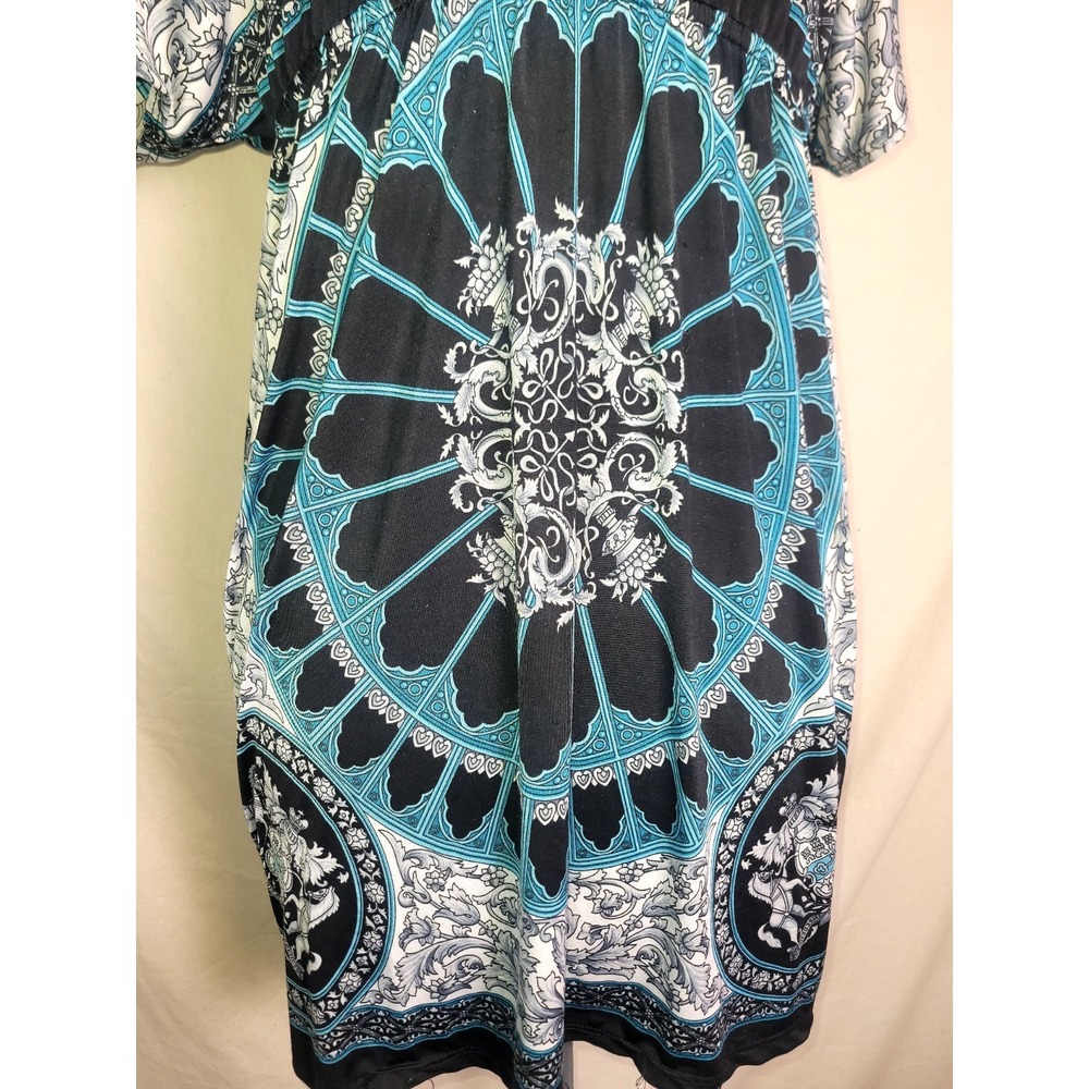 Vintage 90s Y2K Body Central Boho Sleaze V-neck Dress Baroque Teal Motif S/M - Picture 3 of 11